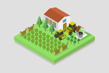 Ağaçlı ve çimen vektör resimli izometrik köy evi