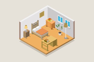 Mobilyalı bir yatak odasının izometrik iç mekanı 