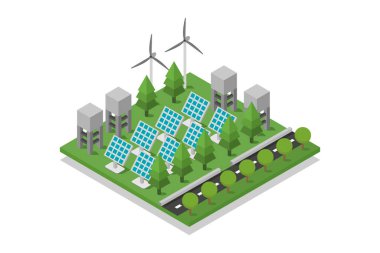 Güneş panelleri ile çevre dostu şehrin izometrik çizimi 