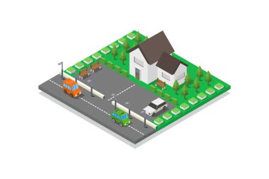 Yeşil ağaçlı ve arabalı izometrik ev, vektör illüstrasyonu