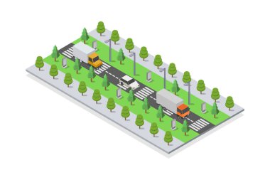 Arabalar ve ağaçlarla izometrik yol, vektör illüstrasyonu.