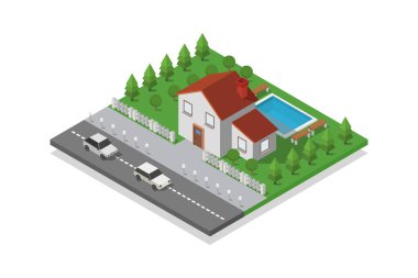 Arabalı izometrik yol ve vektör illüstrasyonlu evler