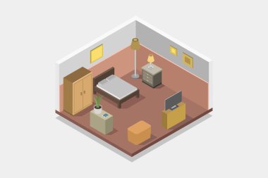 Otel odası izometrik oda içinde modern mobilyalar, vektör illüstrasyon