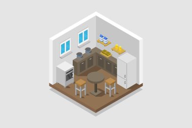 Isometrik mutfak iç mekanı. vektör illüstrasyonu. 