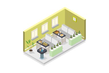 Gıda mahkemesi izometrik iç vektör illüstrasyonu