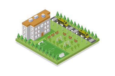 Bir okul binasının dış yüzeyinin izometrik vektör çizimi