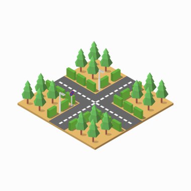 Beyaz arkaplanda izole edilmiş ağaçlarla izometrik yol