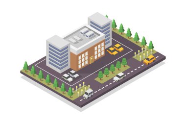 İzometrik banka binası vektör cinsinden gösterilmiştir