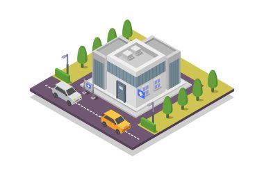 Isometric eczane binası beyaz arka planda gösterilmiştir