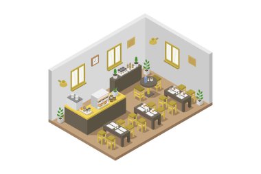 Beyaz arkaplanda resimli Isometric kafe odası