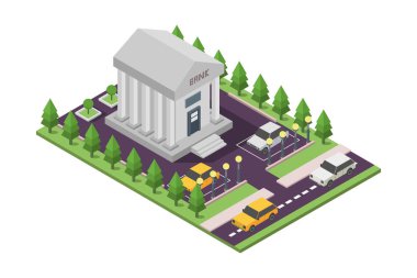 Banka binası beyaz arkaplanda gösterilmiştir