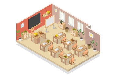 Kanepesi, yemek odası ve sandalyeli masası olan modern oturma odasının izometrik iç mekanı. vektör illüstrasyonu.