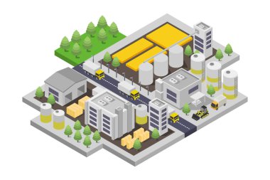 Ağaçlı izometrik fabrika binası