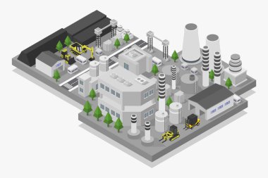 Fabrika binası, endüstriyel fabrika ve sanayi binaları ile izometrik bileşim duman taşıyıcı illüstrasyon
