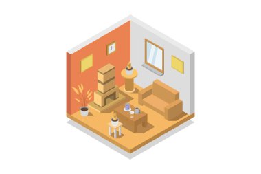 Geniş pencereli ahşap bir evi olan modern bir dairenin izometrik vektör çizimi