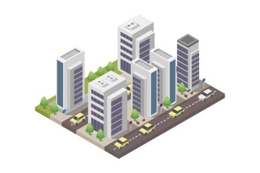 Binaları olan izometrik bir şehir. vektör illüstrasyonu.