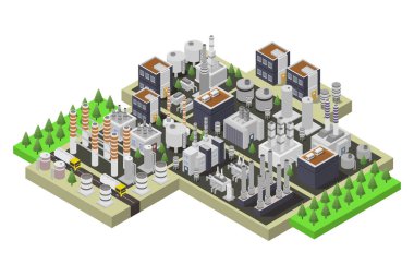 Yeşil ve gri arka planı olan modern bir şehrin 3 boyutlu görüntüsü.