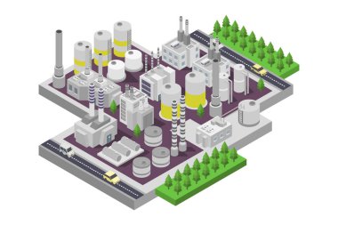 Bir fabrikanın izometrik vektör çizimi, endüstriyel yapı
