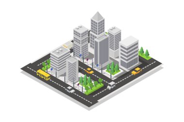 Binaları olan izometrik şehir caddesi.