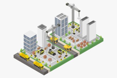 Arabaları ve binaları olan izometrik bir şehir. vektör