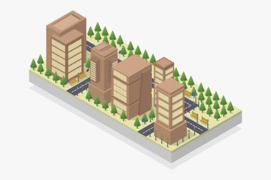 Beyaz arkaplanda izole edilmiş ağaç, yol ve sokak vektör illüstrasyonlu izometrik şehir binaları