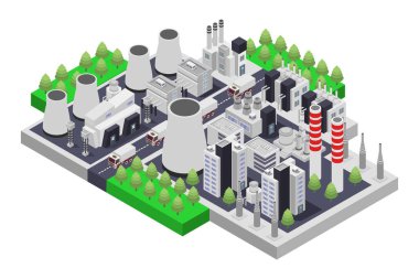 Sanayi binalarıyla izometrik şehir manzarası, vektör illüstrasyonu