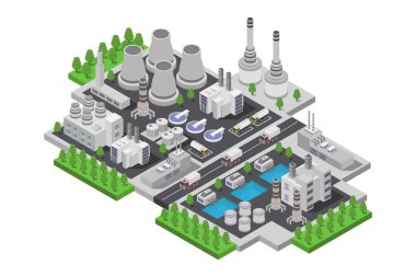 Fabrika simgesine sahip fabrika, izometrik tarzda