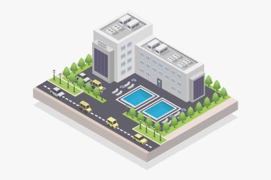 Yol ve vektör illüstrasyonlu izometrik şehir binası