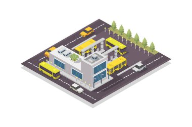 Isometric bus durağı vektör resimlemesi basit biçimle