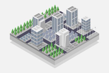 İzometrik şehir binası, şehir mimarisi, vektör illüstrasyonu