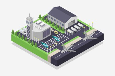 Düz ometrik izometrik şehir sokağında arabaları var. Kentsel manzara, şehir ve gökdelenler. vektör illüstrasyonu.