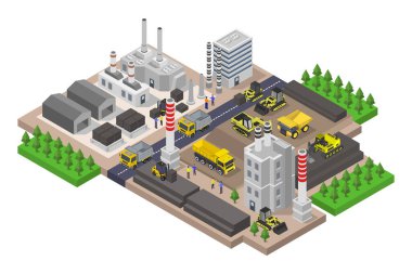 Fabrika binaları ve üretim ve endüstriyel ekipman vektör illüstrasyonunun elementleriyle endüstriyel ometrik bileşim