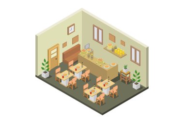 Mobilya, mutfak ve yemek odasıyla izometrik ev içinin vektör çizimi