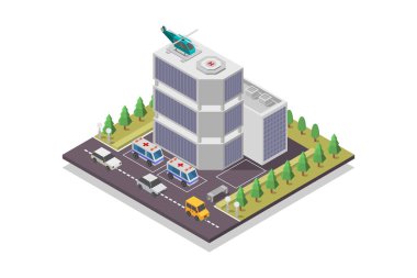 Bir yolu ve arabası olan izometrik şehir manzarası.