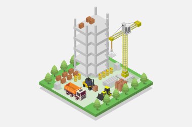 Bina ve vinçle izometrik yapı. Bir şehrin inşaatı. vektör illüstrasyonu.