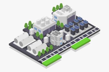 İzometrik şehir binaları 3 boyutlu elementler içeriyor. vektör illüstrasyonu