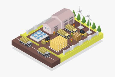 Ahşap banklı izometrik şehir kompozisyonu ve ahşap kutular vektör ilülasyonlu arabalar