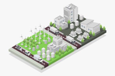 Modern kentsel şehrin 3 boyutlu izometrik vektör çizimi.