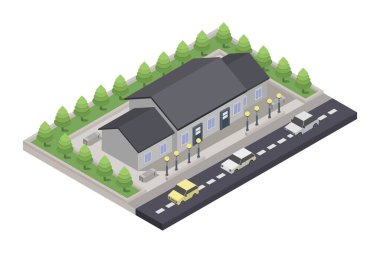 Ağaçlı izometrik bina