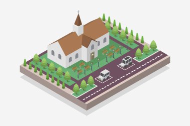 Ağaçlar, çalılar, çimenler ve çimlerle izometrik şehir parkı. vektör illüstrasyonu.