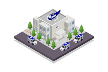 Gökdelenli izometrik şehir binası. Vektör. 3d illüstrasyon.