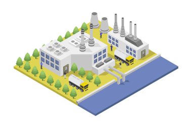 Fabrika ve enerji sanayi simgelerinin izometrisi