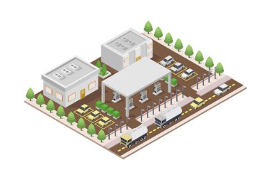 Ağaçları olan izometrik şehir caddesi. Şehir sokağı. vektör illüstrasyonu.