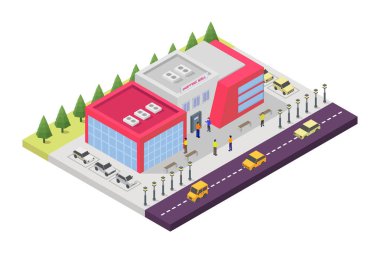 Arabaları olan izometrik şehir