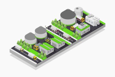 Yeşil çimenli izometrik sanayi fabrikası, vektör illüstrasyonu