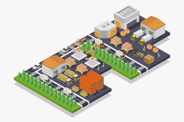 Evleri ve bitkileri olan düz bir izometrik şehir. vektör illüstrasyonu