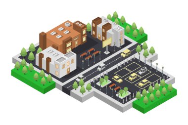 Ağaçları ve caddeleri olan izometrik bina