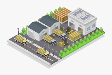 Yol kenarlı modern şehrin izometrik 3 boyutlu vektör tasarımı.