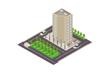 vektör izometrik şehir, gökdelenler, binalar, sokaklar ve sokaklar