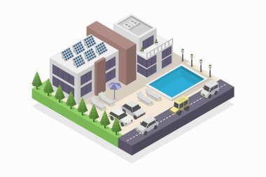 Modern şehir binasının izometrik vektör çizimi.
